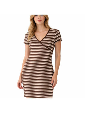 DEREK HEART Striped Ribbed V-Neck Dress in Brown and White, Size L NWT